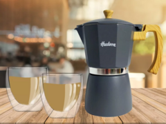 Set 3 Pz Cafetera Gris Hudson 9ta + 2 Tazas Vidrio