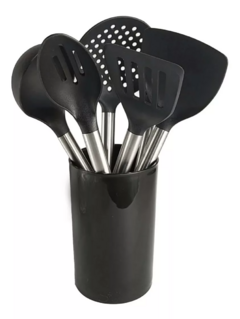 Set 6 Utensilios Hudson Nylon Mango Madera Espatula Cucharon Color Negro