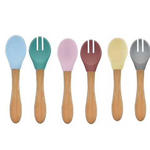Colher e Garfo de Silicone e Bambu Dig In - Minikoioi
