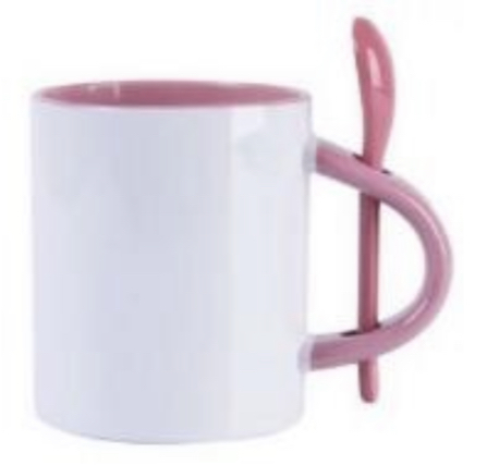 Caneca cerâmica alça e interno colorido com colher