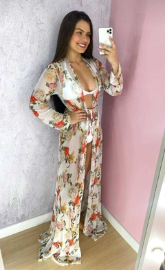 Saída de Praia Tulum Floral - Branco com Vermelho - comprar online