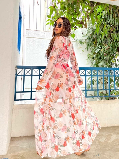 Saída de Praia Tulum Floral - Branco com Vermelho