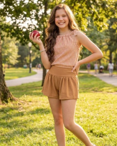 Menina jovem sorrindo usando conjunto juvenil com blusa listrada de amarração nos ombros e short solto marrom em parque durante o dia