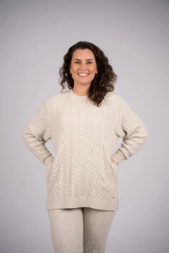Blusa oversized alongada com tecimento em tranças e gola redonda Biamar 11912 - loja online