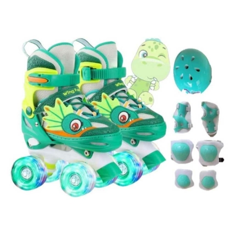 Patins Infantil 4 Rodas com LED – Tamanho Ajustável + Kit de Proteção Dino – Lançamento - comprar online