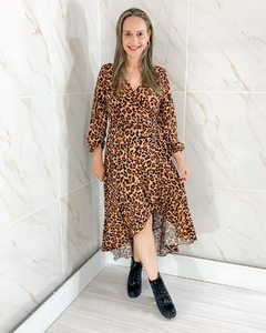 Vestido Envelope Transpassado Manga Longa Animal Print - loja online