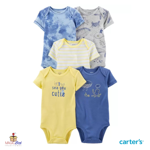 Kit com 5 bodies Carter’s azul baleia