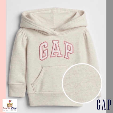 Moletom GAP flanelado com capuz cinza e logo rosa