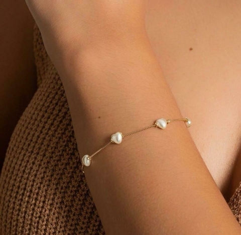 Pulseira Pérola Coração Banhada a Ouro 18k