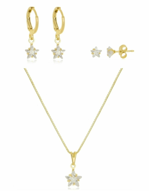 Conjunto Estrelas Zircônia Banhado a Ouro 18k