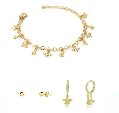 Conjunto Espírito Santo e Nossa Senhora Banhado a Ouro 18k