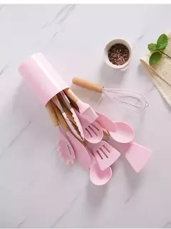 Conjunto de Silicone com Cabo de Madeira - Utensilios do Brasil