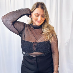 Look Cropped Arrastão em tule + top veludo - Donna Calcinha
