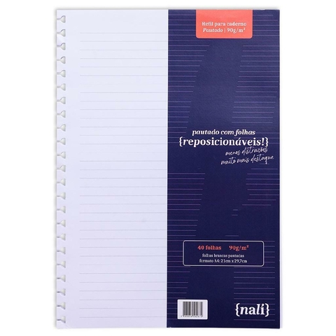 Refil Nalí para Caderno Universitário A4 90G/m2 Branco Pautado