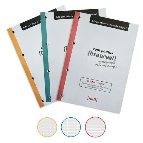 Bloco NALÍ Linhas Brancas p/ Fichário folhas A4 90g/m2 c/ 80 Folhas (Pautado, Pontilhado ou Quadriculado)