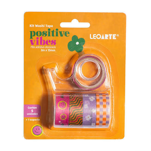 KIT WASHI TAPE POSITIVE VIBES C/5 UND + 1 SUPORTE LEO