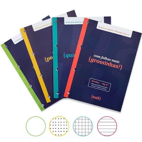 Bloco NALÍ p/ Fichário Folhas A4 90g/m2 (Pautado, Pontilhado ou Quadriculado)