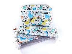 Kit Organizador / Saquinho Maternidade + Nécessaire Luxo Dinos Branco Personalizados Com Nome