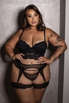 4019- CONJUNTO PRETO SENSUAL CROPPED C/BOJO E CINTA-LIGA PLUS SIZE Conjunto cropped com bojo e cinta liga. Sutiã feito em renda e tule