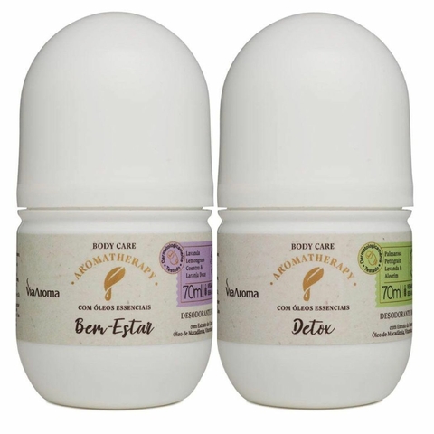 Frascos de desodorante roll-on sem alumínio da Via Aroma, com óleos essenciais, nas versões Ben-Estar e Detox, 70ml cada.