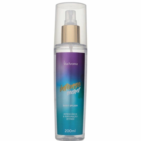 Frasco de Body Splash Desodorante Via Aroma - 200ml - Intense Secret, com design moderno e cores vibrantes.