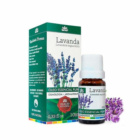 Frasco de óleo essencial de lavanda puro da WNF com embalagem, ideal para aromaterapia e alívio da ansiedade.