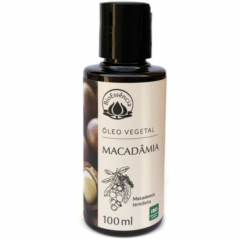 Frasco de óleo vegetal de macadâmia BioEssência, 100ml, com rótulo ilustrativo.