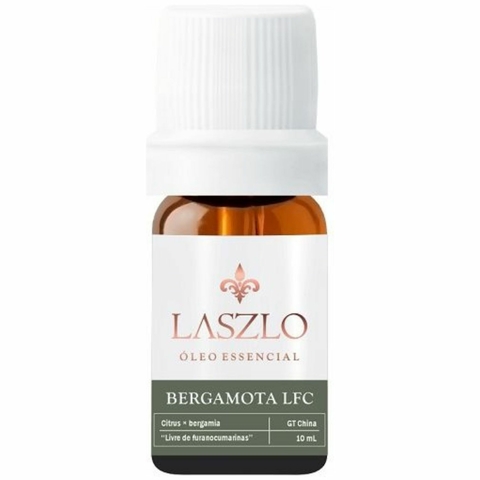 Frasco de óleo essencial de bergamota LFC, 10 ml, marca Laszlo, com rótulo que destaca os ingredientes e informações do produto.