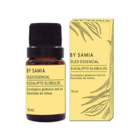 Frasco de óleo essencial de eucalipto By Samia de 10 ml, com embalagem amarela e rótulo informativo.