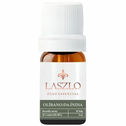 Frasco de 5 ml de Óleo Essencial de Olíbano da Índia da marca Laszlo, com rótulo destacando o ingrediente Boswellia serrata.