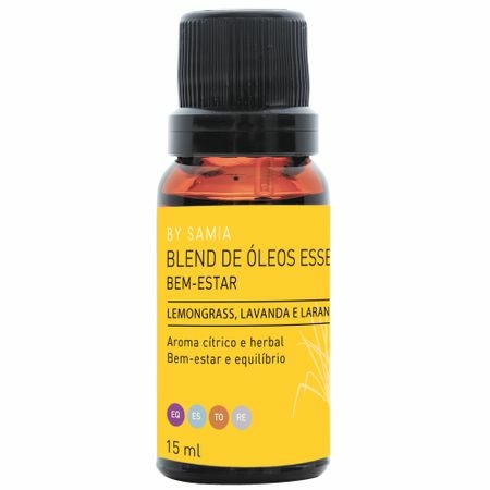 Frasco de 15 ml de Blend de Óleos Essenciais Bem Estar By Samia, com rótulo amarelo e informações sobre os óleos de limão, lavanda e lemongrass.