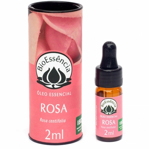 Frasco de óleo essencial de Rosa Marroquina da Bioessência, 2 ml, com embalagem rosa.