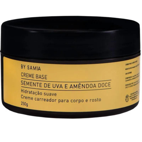 Creme neutro de semente de uva da marca By Samia, com embalagem preta e rótulo amarelo, indicado para massagem e hidratação da pele.