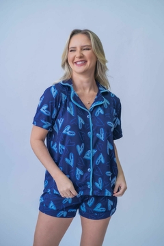 Pijama Americano Azul Corações em SUEDE - comprar online