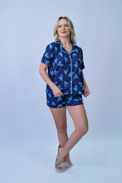 Pijama Americano Azul Corações em SUEDE na internet