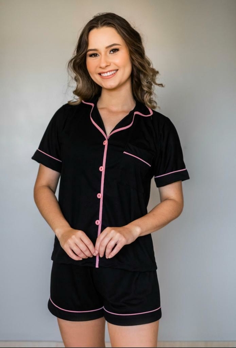 Pijama Americano Preto com viés Rosê