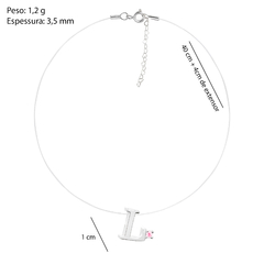 Gargantilha Prata Nylon Letra com Zircônia Rosa
