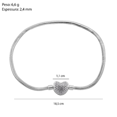 Pulseira Prata p/ Berloque Fecho Coração Cravejado