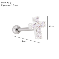 Piercing Prata Cruz Zircônia Cristal p/ Furo Tragus - Via Vizzon Atacado