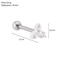 Piercing Prata 3 Zircônias Cristal p/ Furo Tragus - Via Vizzon Atacado