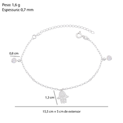 Pulseira Prat Cartier Mão de Hamsa + Zircônia Cristal 15,5cm+5cm Ext - Via Vizzon
