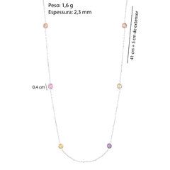 Colar Prata Cartier 8 Zircônias Coloridas 4mm 41cm+5cm Extensor - Via Vizzon