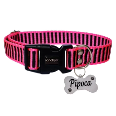 Coleira Médio e Grande Porte com Placa de identificação - Rosa listrado