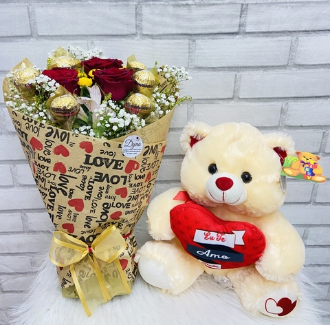 Buquê “Eu te amo muito” com Urso, Rosa e Chocolates Ferrero Rocher