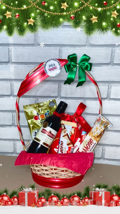 CESTA NATALINA COM CHOCOLATES E VINHO