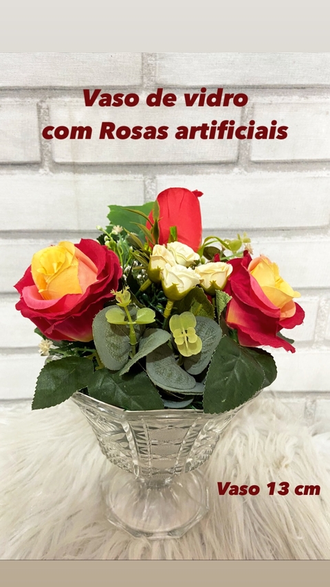 VASO VIDRO COM 3 ROSAS PERMANENTES VERMELHAS