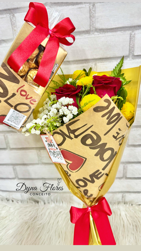 Mini buquê com 2 Rosas Naturais e Ferrero Rocher - comprar online