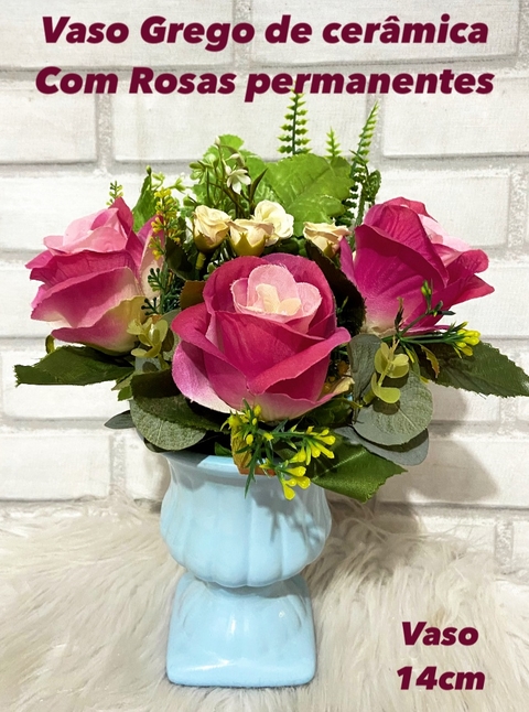 VASO CERÂMICA GREGO COM ROSAS PERMANENTES