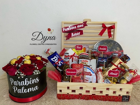 CESTA BAÚ DE LUXO PREMIUM + BOX DE LUXO PERSONALIZADA COM ROSAS NATURAIS