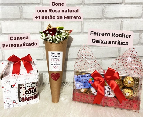COMBO COM CHOCOLATES FERRERO ROCHER,CONE COM ROSA NATURAL E CANECA PORCELANA